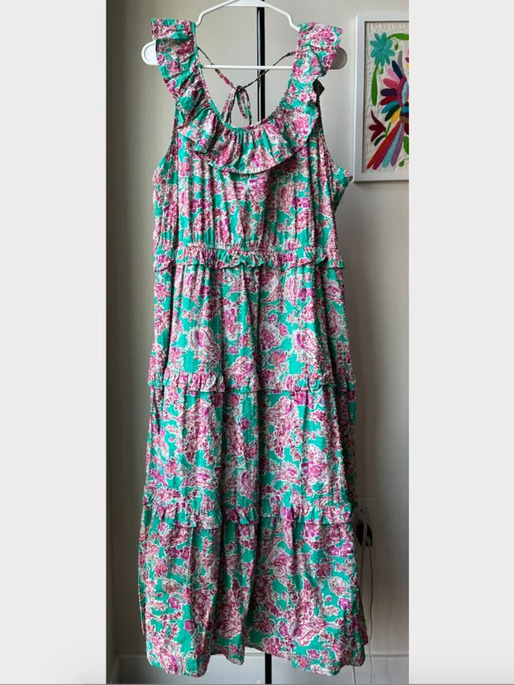 J. Crew	Floral Ruffle Tiered Pink and Green Midi Dress - Size 20
